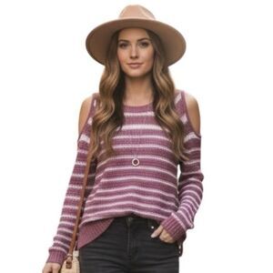 La Classe Couture Sweater Womens XS Pink White Striped Cold Shoulder Knit Top